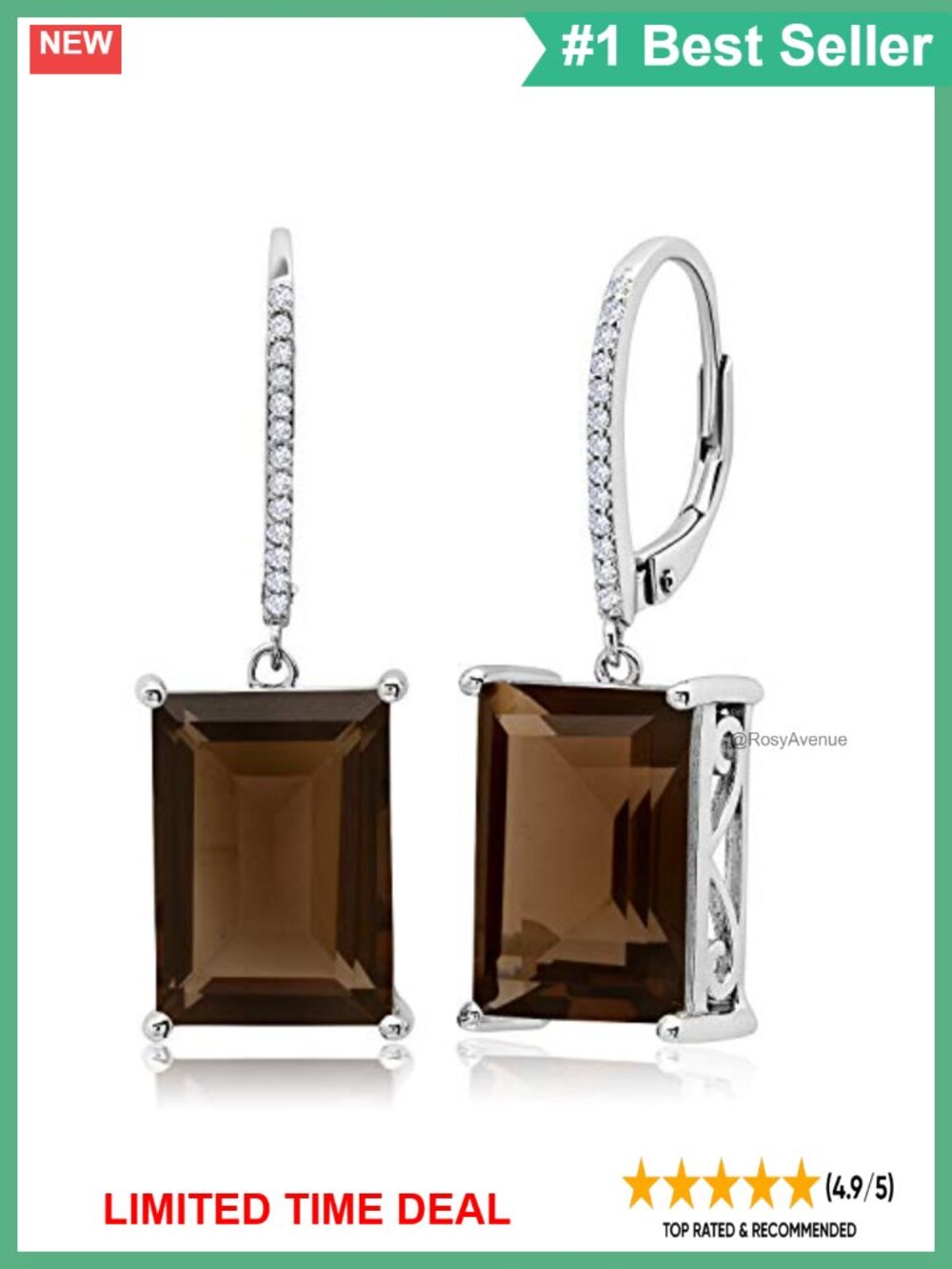 Emerald Cut Smoky Quartz Dangle Earrings 925 Sterling Silver Leverback